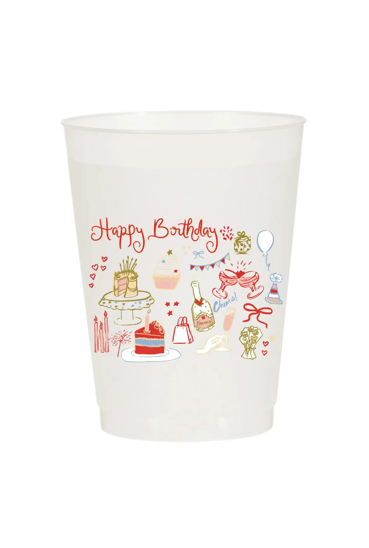 A white plastic party cup featuring a colorful 'Happy Birthday' illustration with drawings of a cake, balloons, and party decorations.