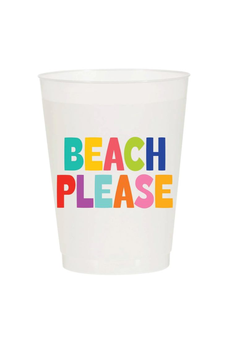 A white translucent plastic cup featuring the words 'BEACH PLEASE' printed in colorful retro block letters on the front, set against a plain white background.