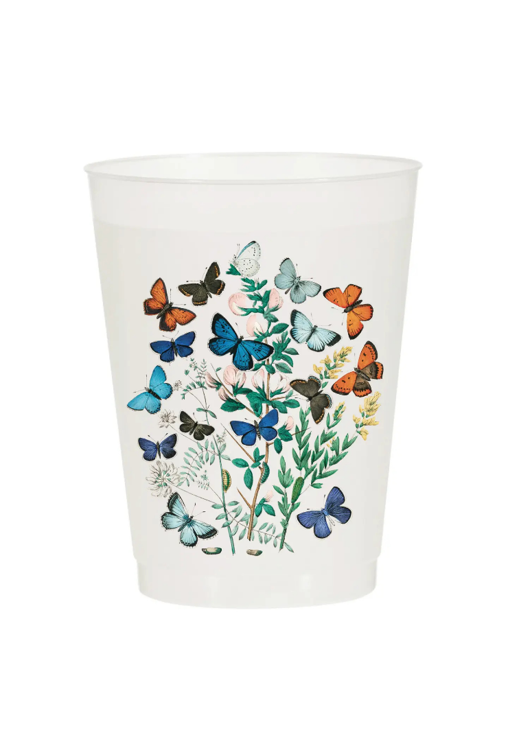 A white plastic party cup featuring a colorful printed design of various butterflies and green botanical stems, shown against a plain white background.