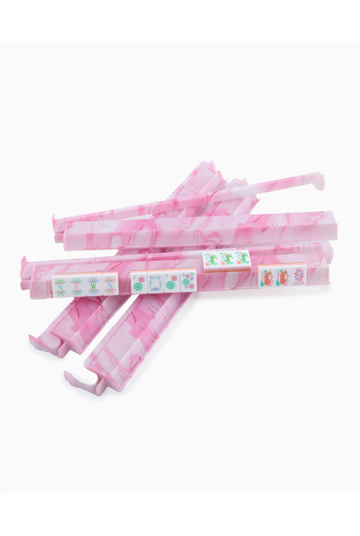 Pink and white striped items with labels on a white background