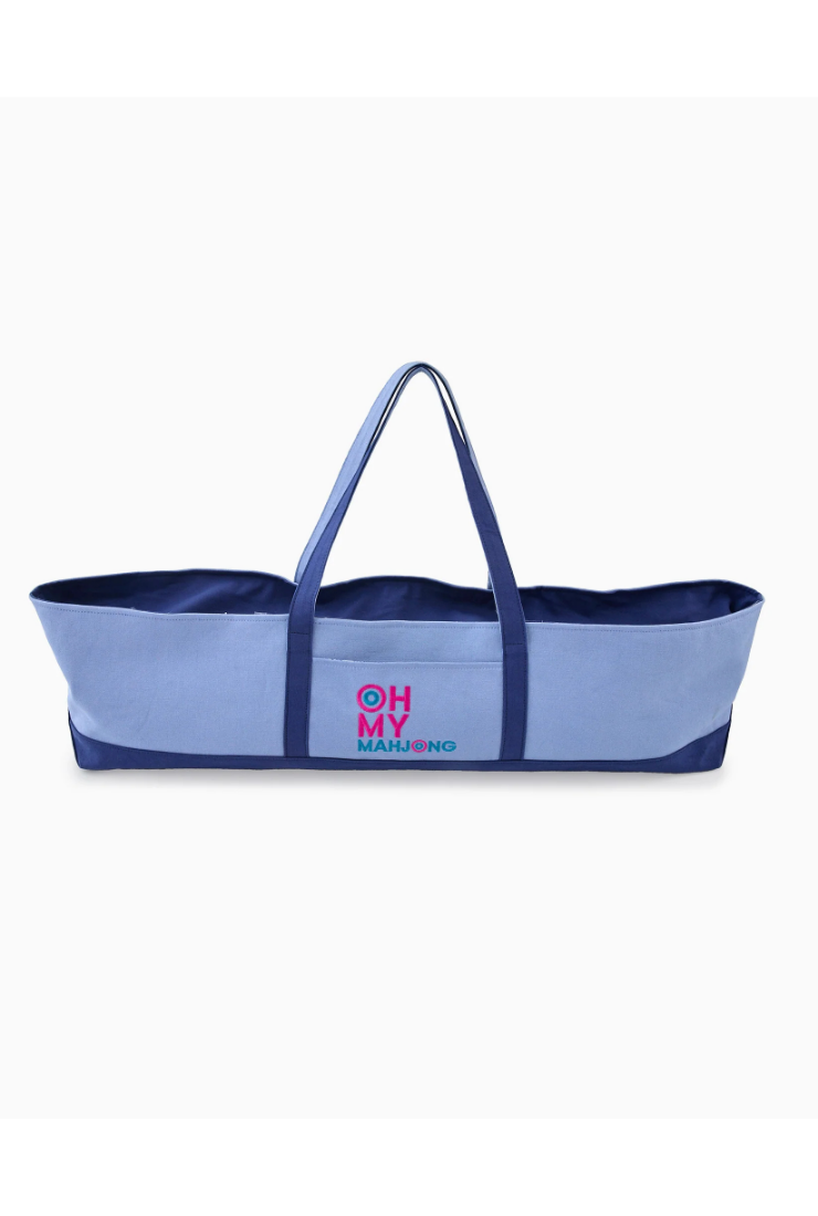 Blue and navy tote bag with 'OH MY MADISON' branding on a white background