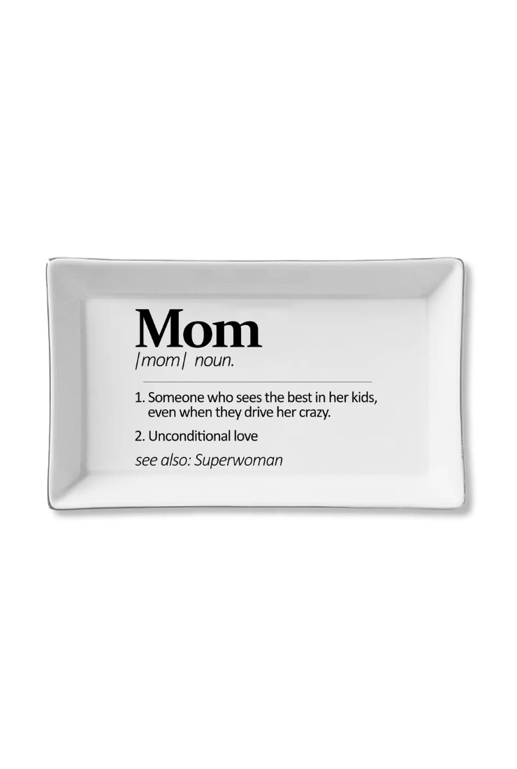 White decorative tray with 'Mom' definition text on a white background
