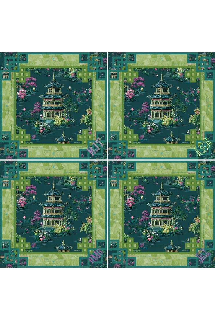 Four identical panels of a green and teal pattern with pagoda design on a white background