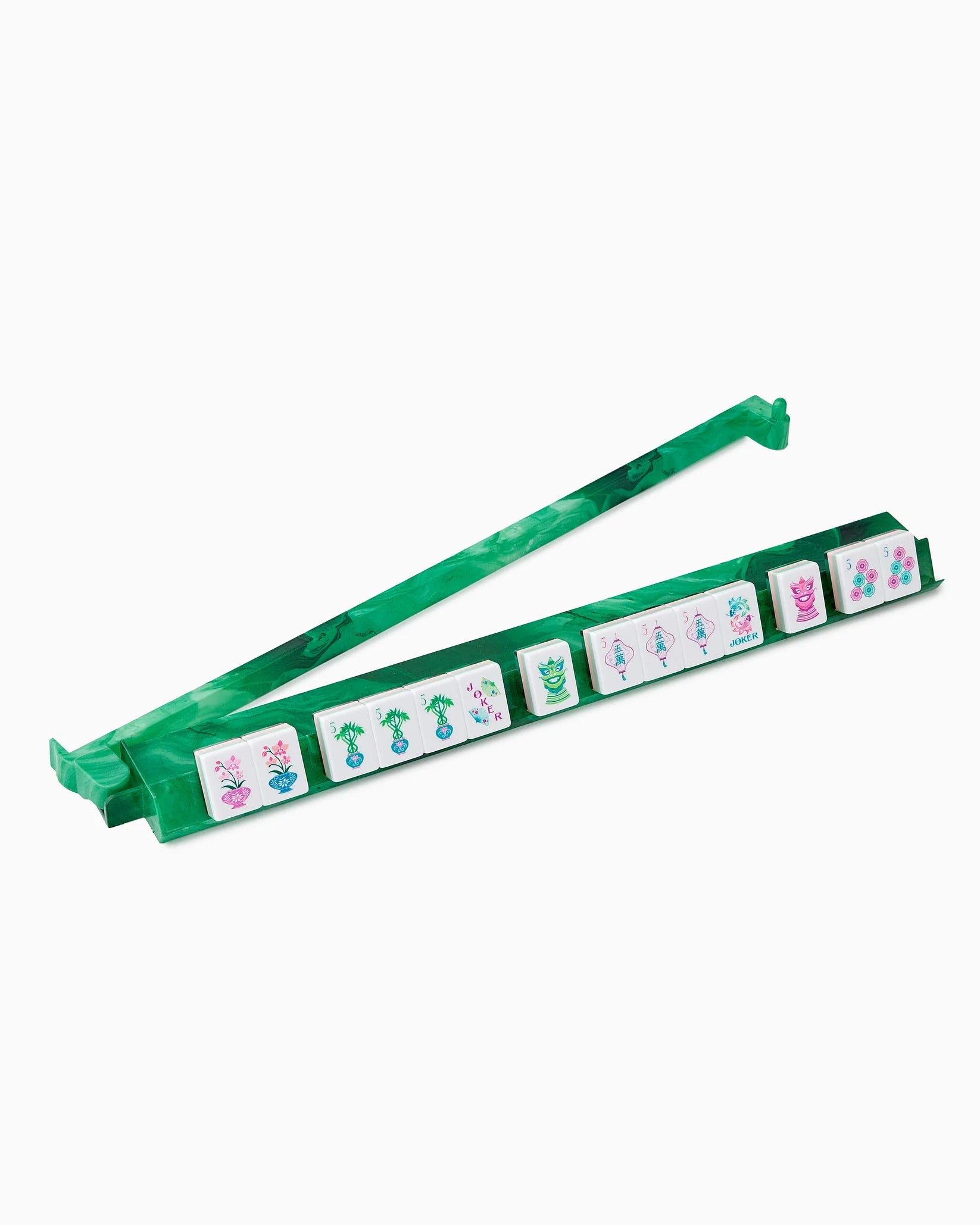 Green plastic holder with cartoon character cards on a white background