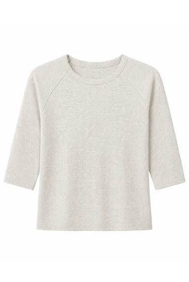 A light heather gray crewneck long-sleeve top with 3/4 sleeves, shown flat against a white background.