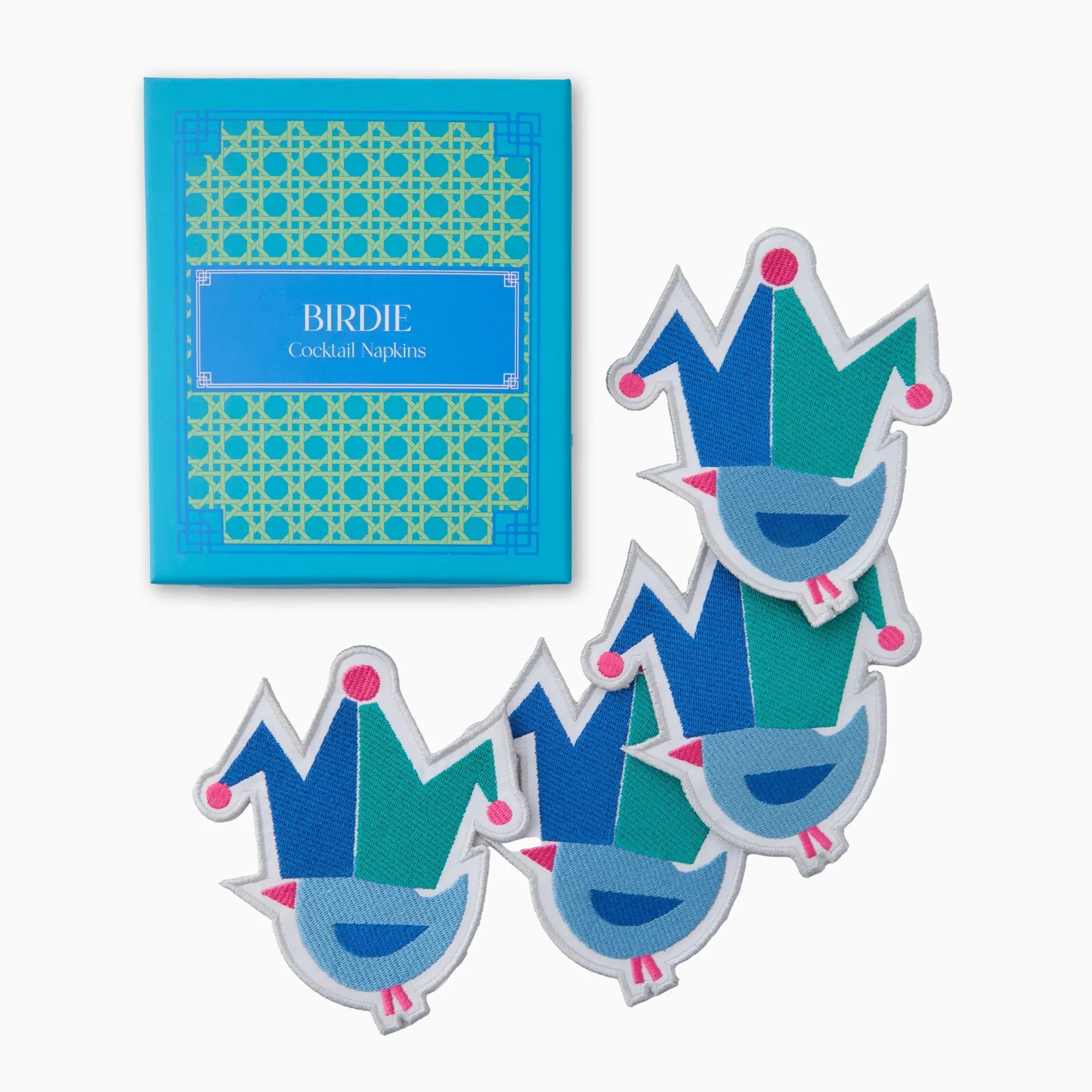 Cocktail napkins with bird design and a blue packaging box labeled 'Birdie'.