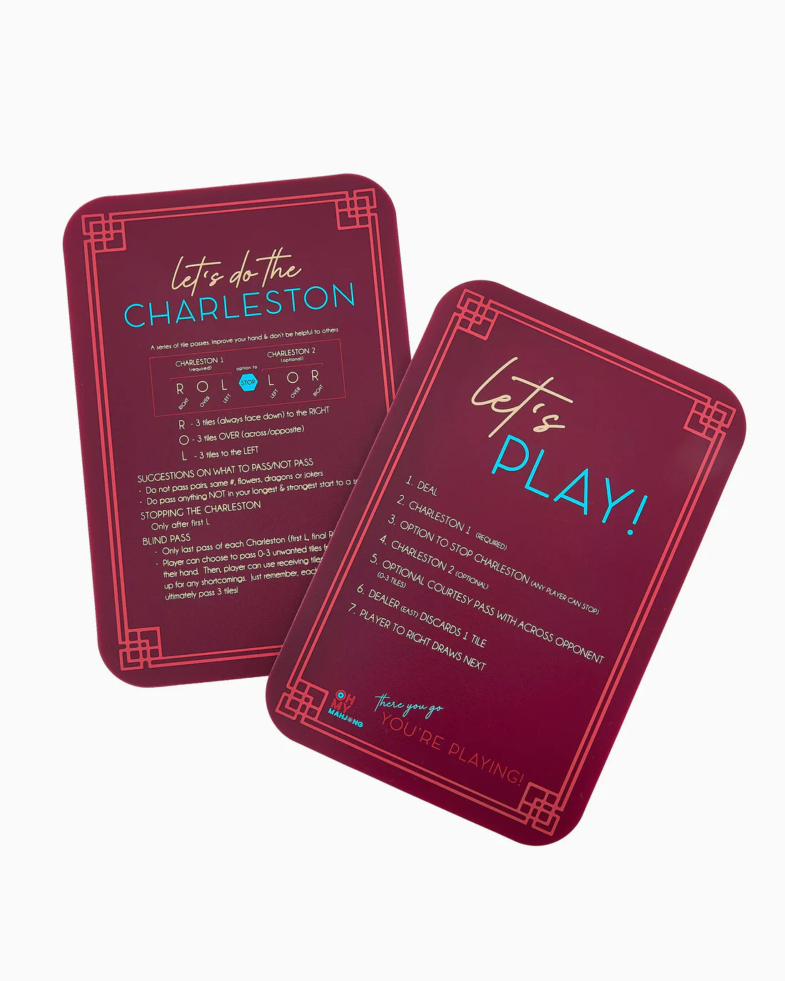 Two red playing cards with text on a white background