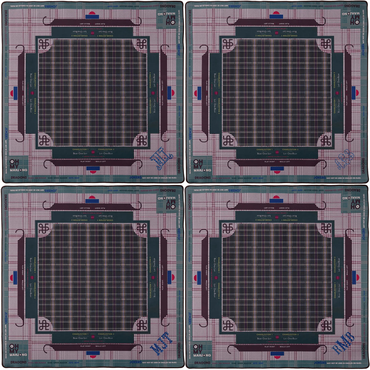 Four identical rectangular game boards arranged in a 2x2 grid on a plain white background. The boards feature a plaid pattern in muted pink, purple, and teal with a dark teal central grid area and decorative corner details.