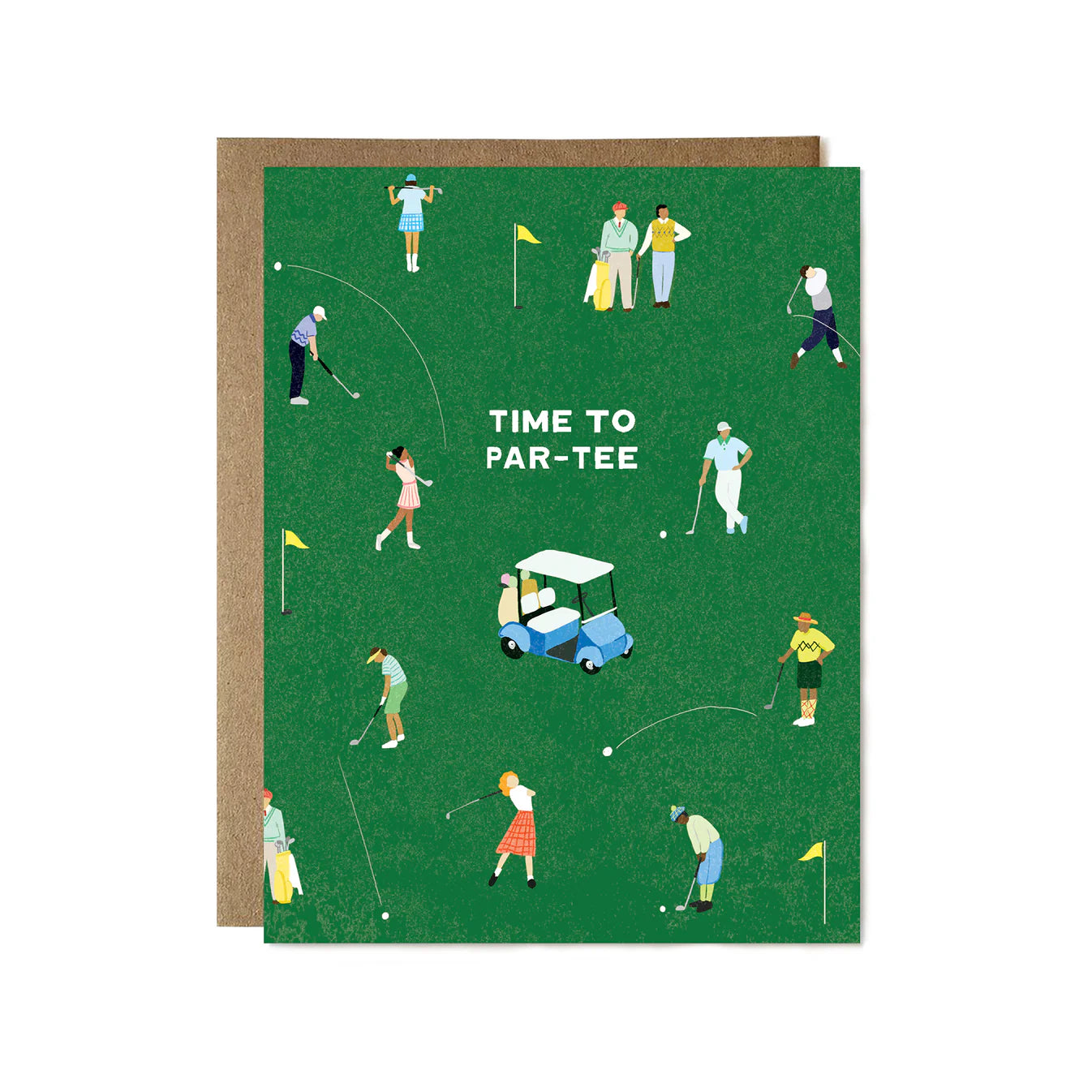 Greeting card with golf-themed illustration and 'Time to Par-tee' text on a green background.