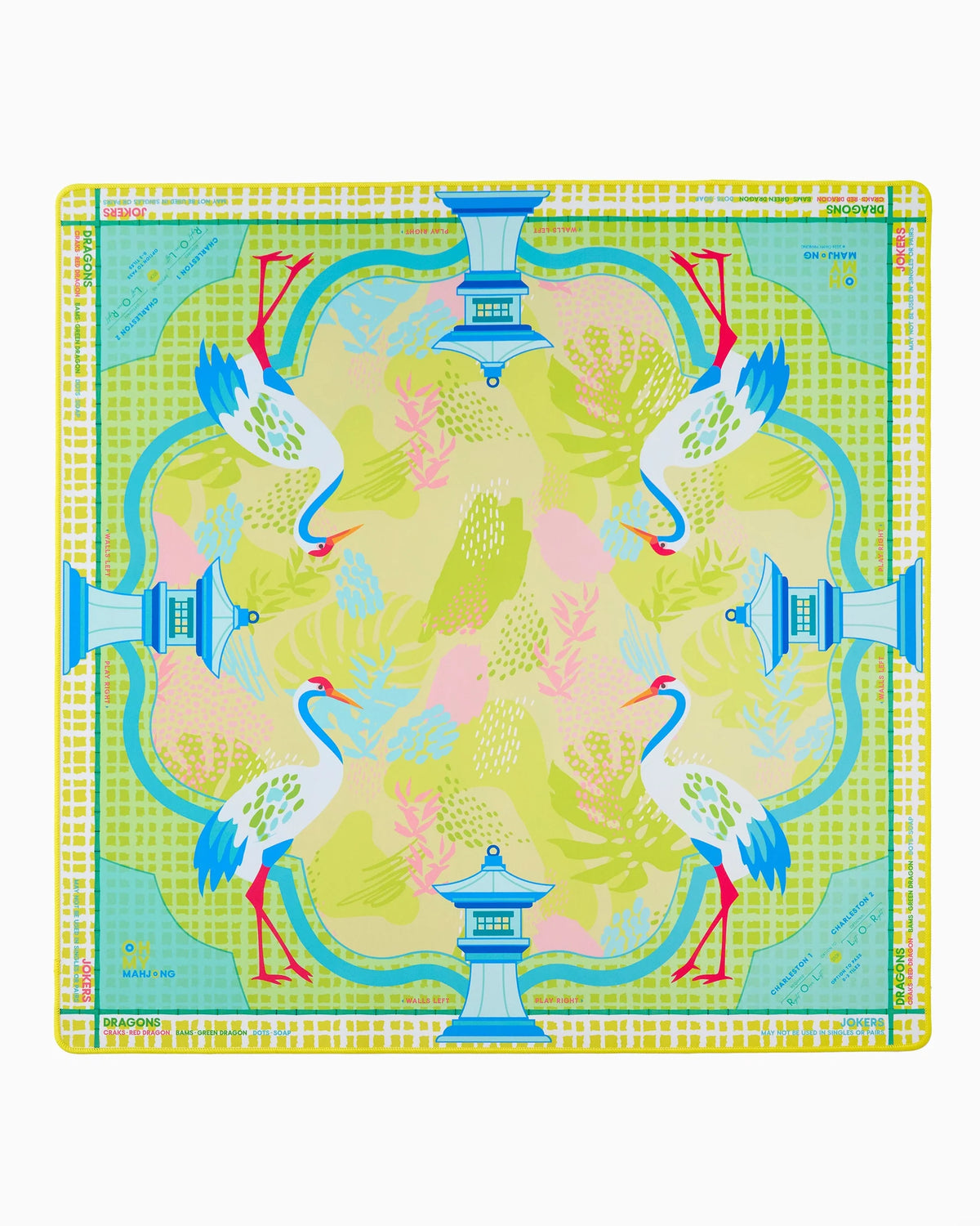 Colorful placemat with bird and pagoda design on a white background