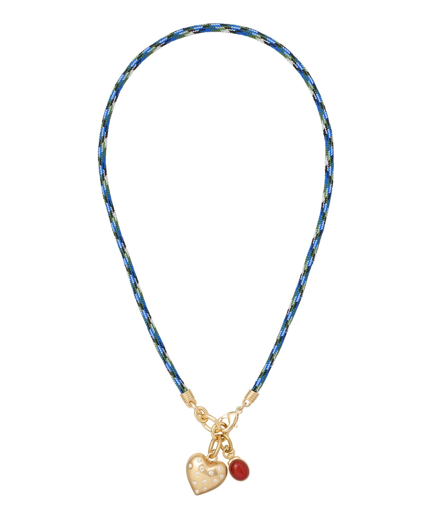 Necklace with a blue patterned cord and gold heart pendant on a white background