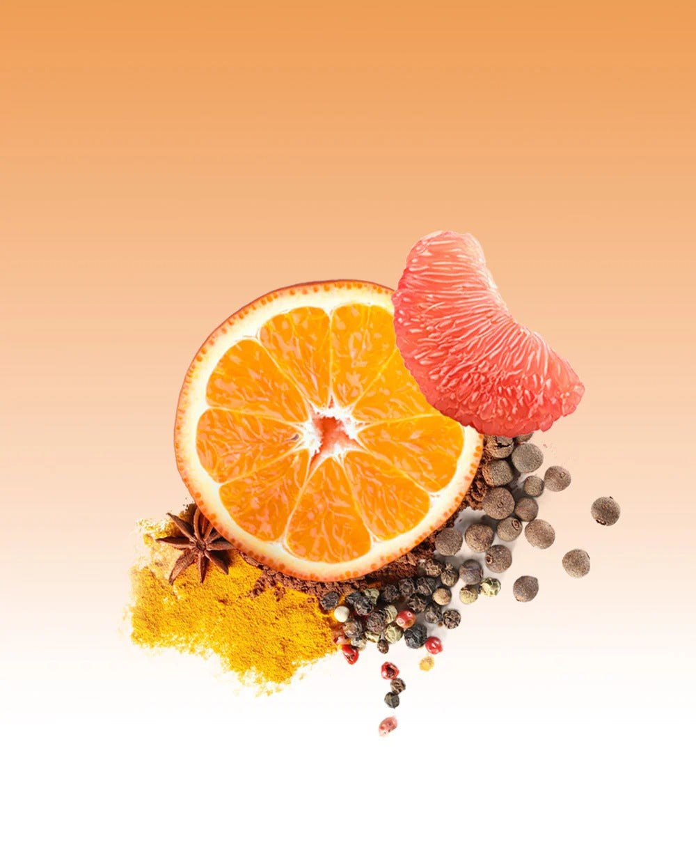 Sliced orange, pink grapefruit, and various spices on a gradient background