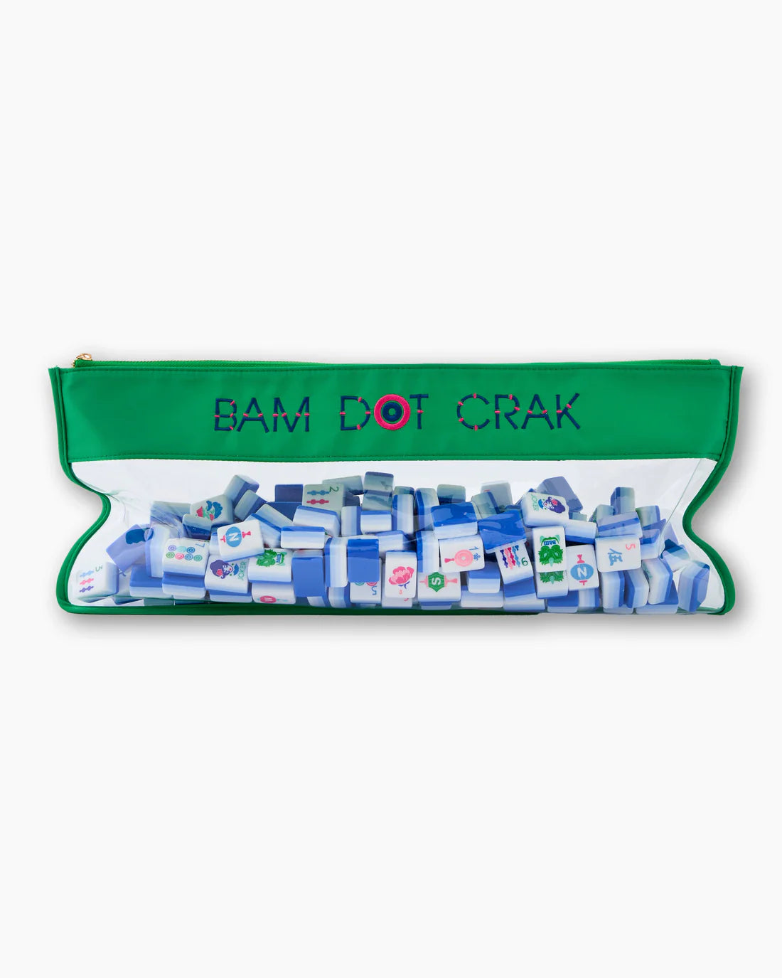 Green pouch with 'BAM DOT CRAK' text containing small square items on a white background