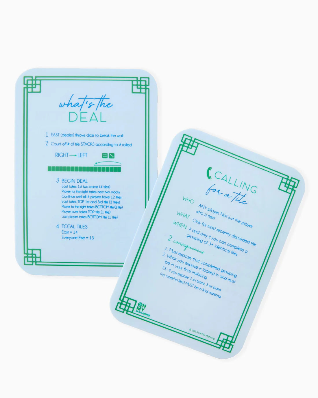 Two light blue cards with green borders and text on a white background