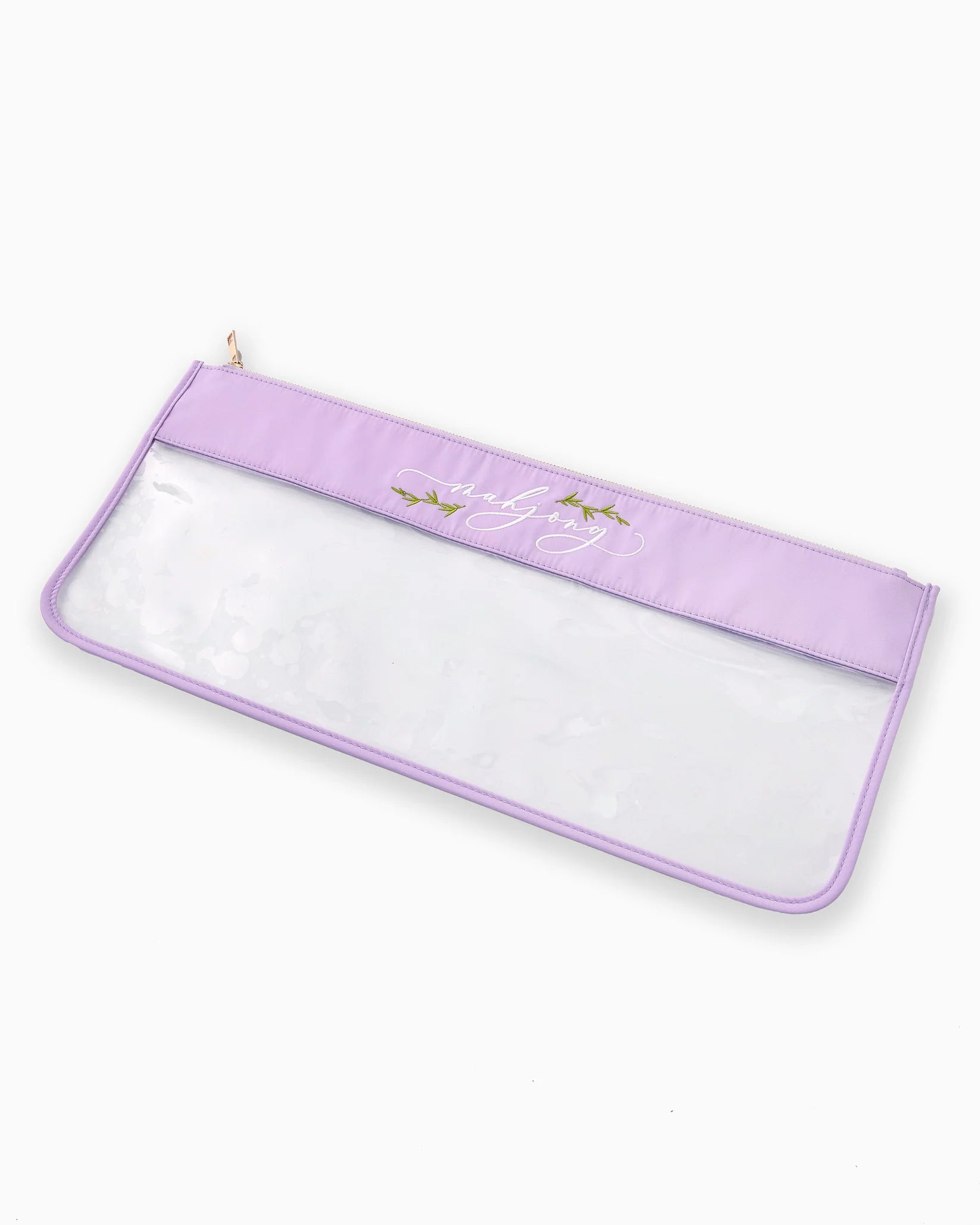 Clear pouch with purple border and gold text on a white background