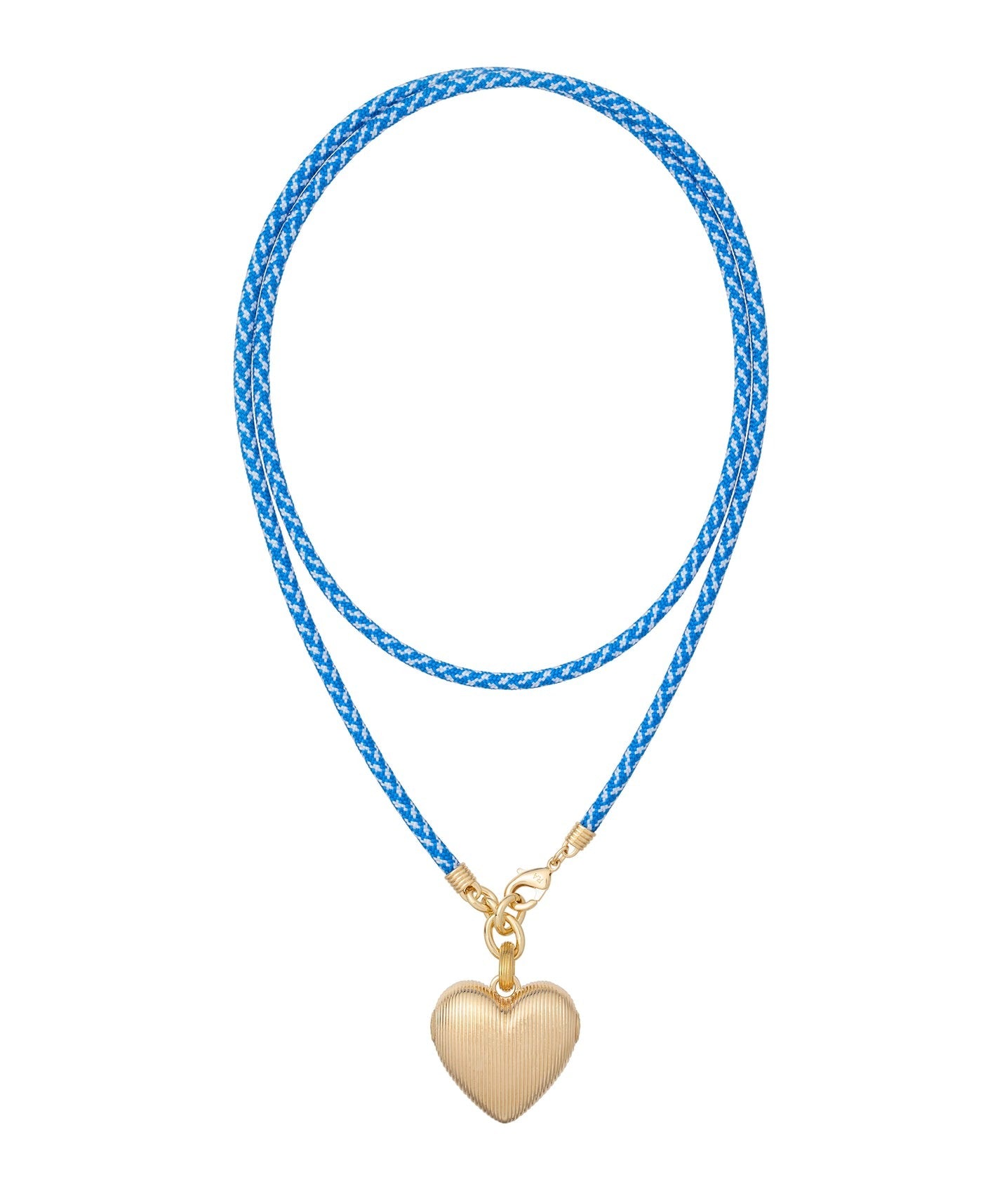 Blue braided necklace with a gold heart pendant on a white background
