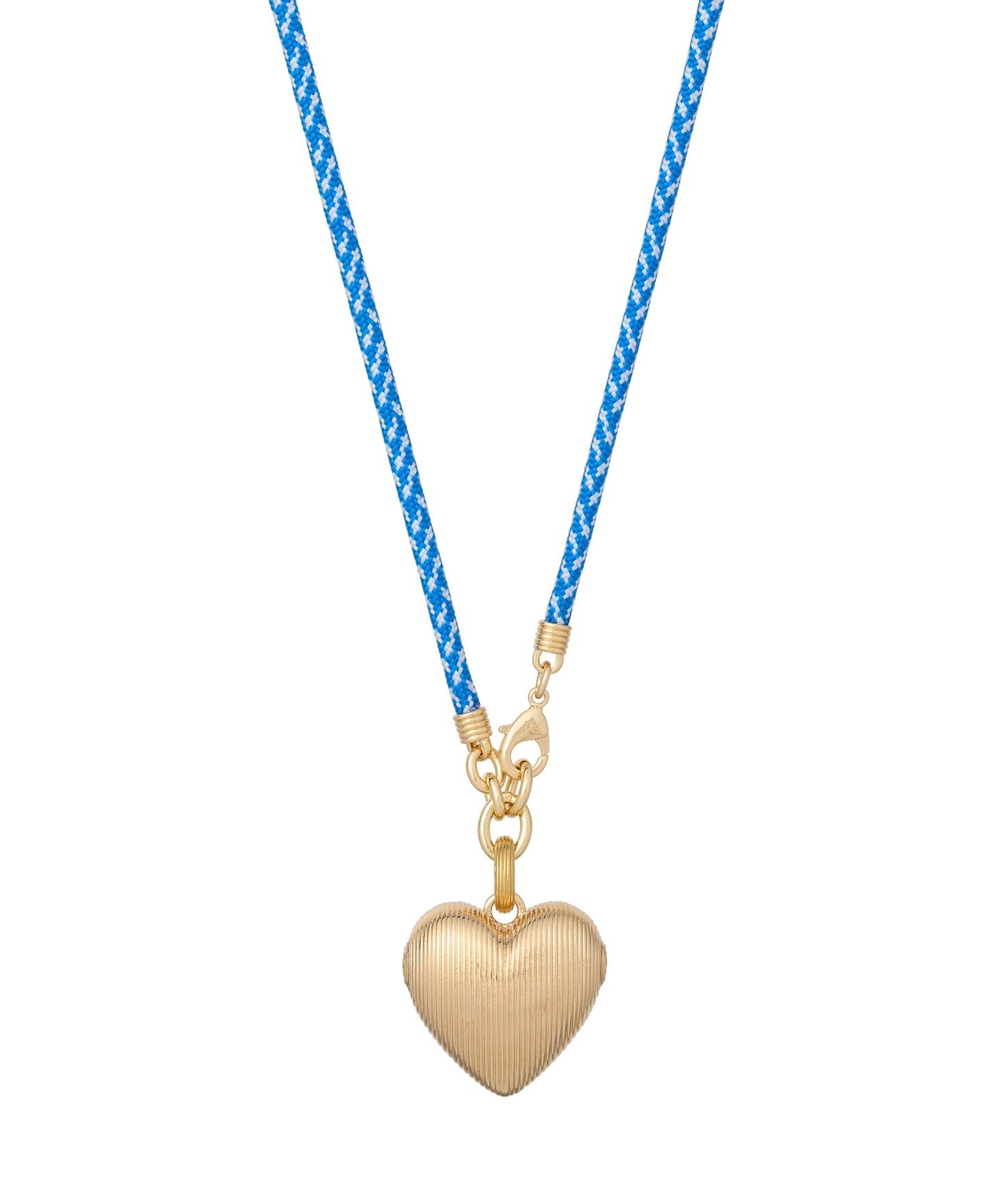 Gold heart-shaped pendant on a blue braided cord against a white background