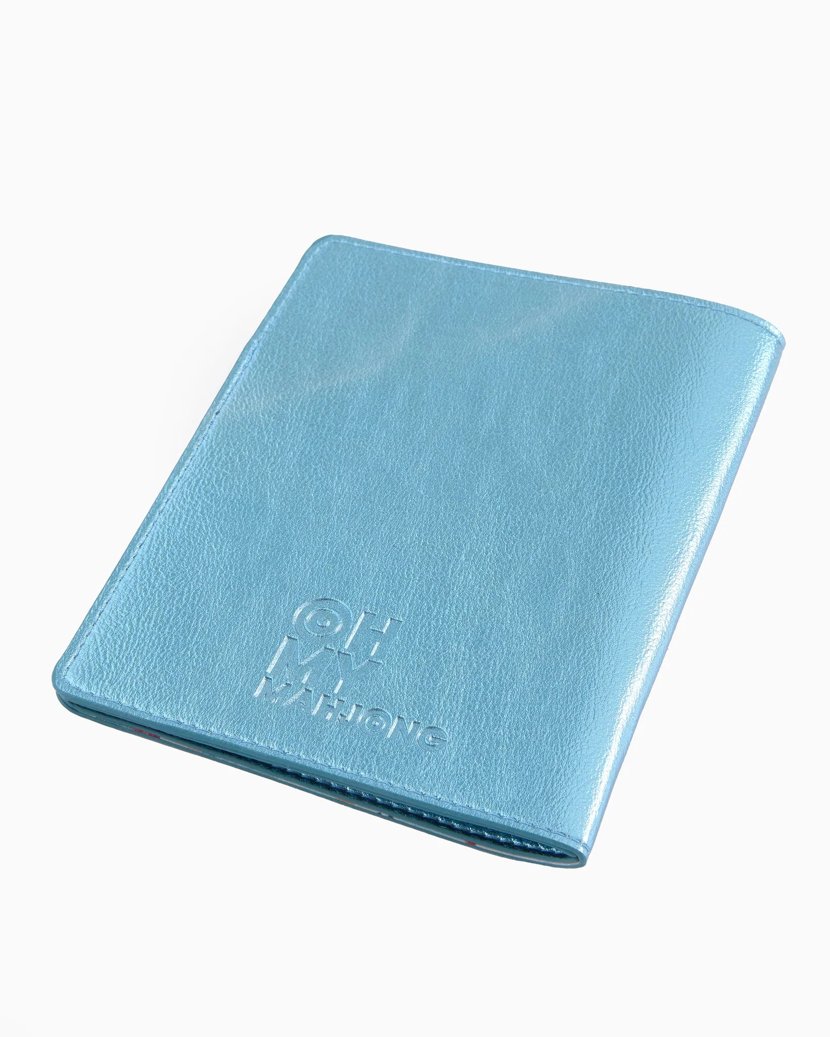 Blue leather wallet with 'oh my bag' branding on a white background