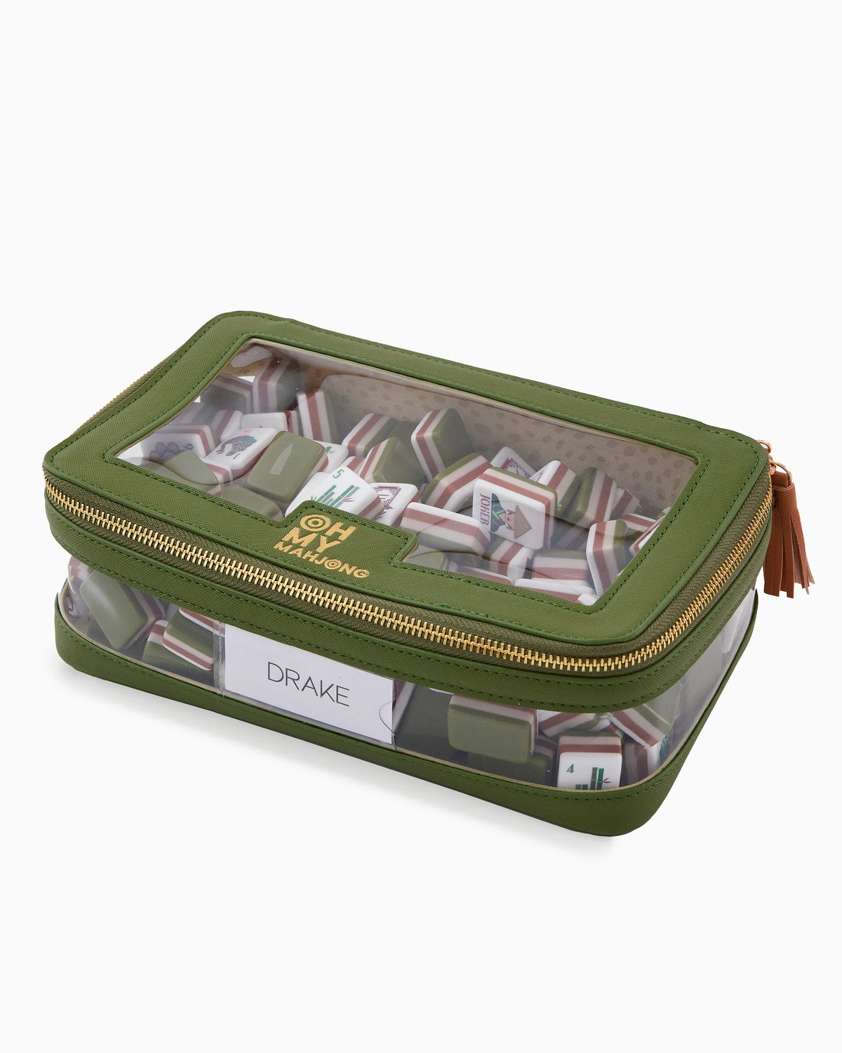 Green travel case with clear top displaying folded clothes and 'Oh My Bag' branding.