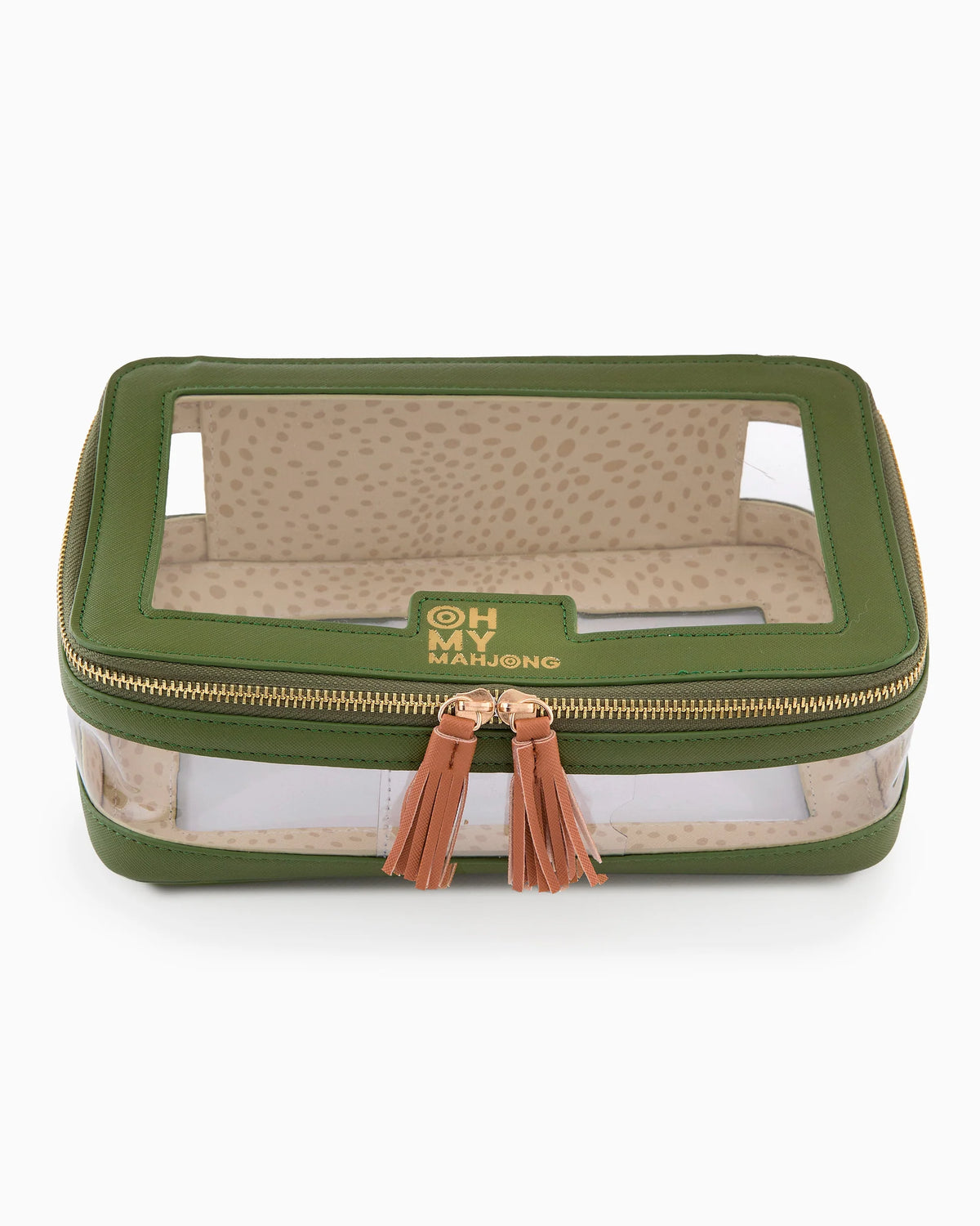 Green travel case with transparent top and gold zipper, featuring 'Oh My Mochi' branding.