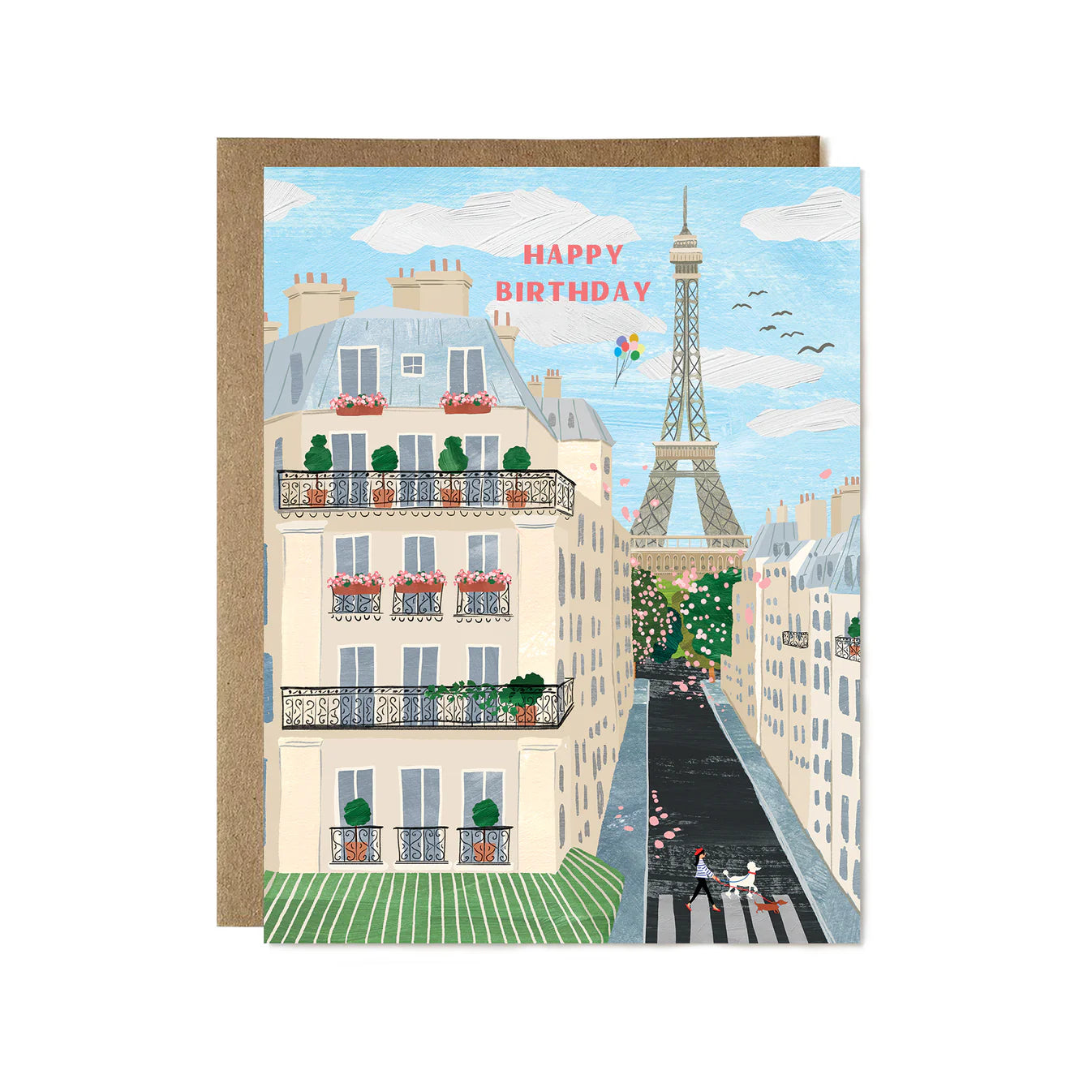 Greeting card with Parisian street scene and Eiffel Tower, featuring 'Happy Birthday' text.