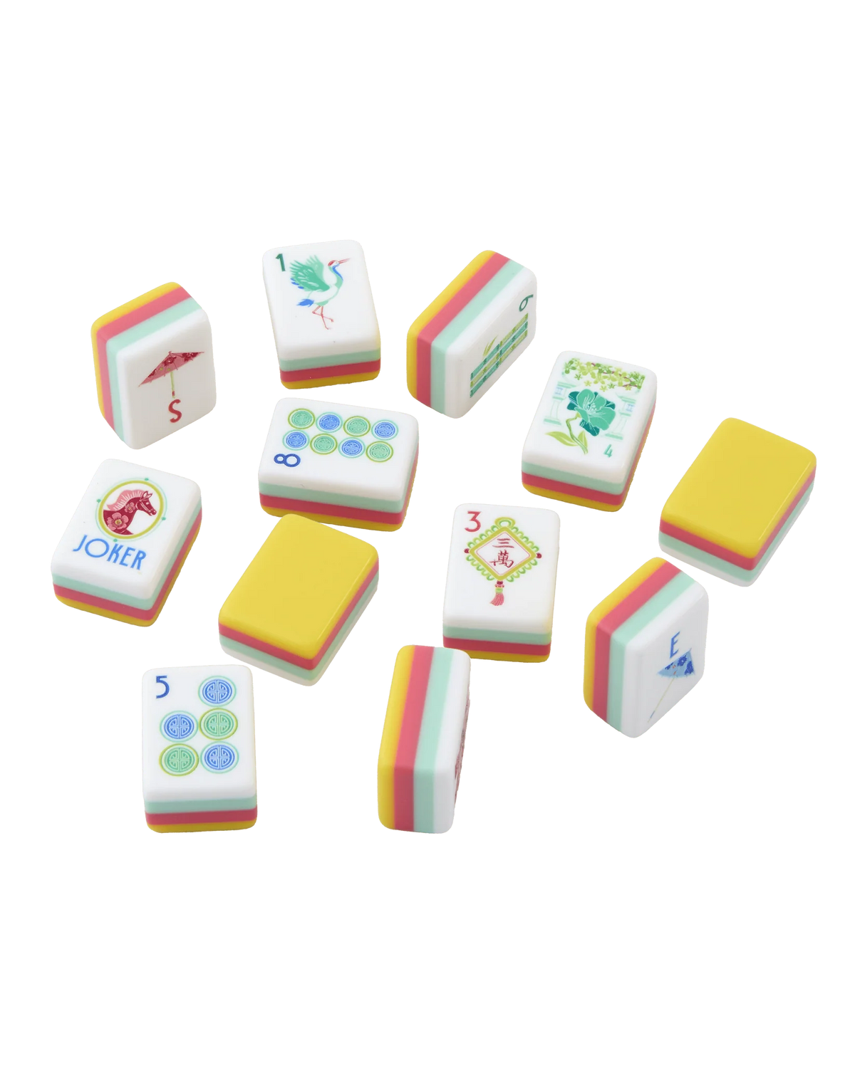 A set of miniature Mahjong-style tiles arranged on a plain white background. The tiles are primarily white with multicolored striped edges and various printed symbols and illustrations.