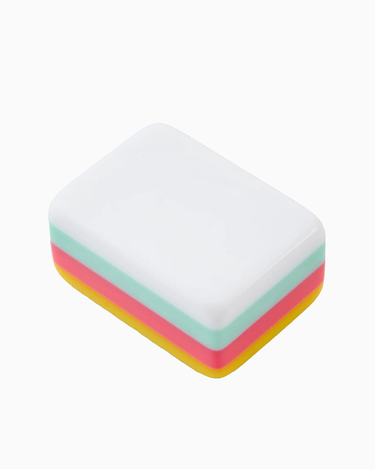 A small rectangular box with rounded corners, featuring a white top surface and stacked pastel pink, mint green, and yellow sides, shown on a plain white background.