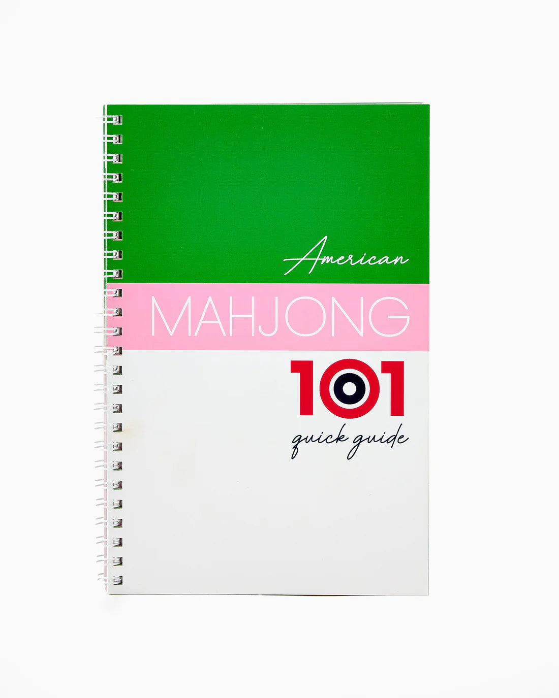 Notebook titled 'American Mahjong 101 Quick Guide' with green, pink, and white design on a white background