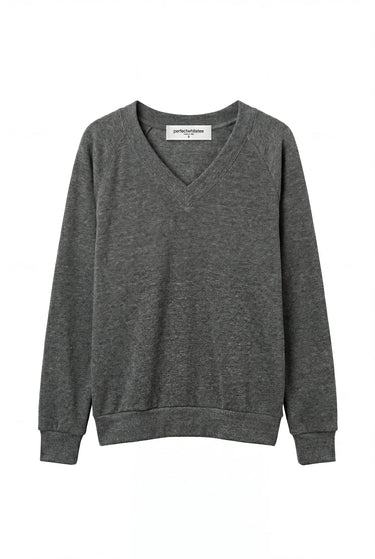 Gray sweatshirt with a brand label on a white background