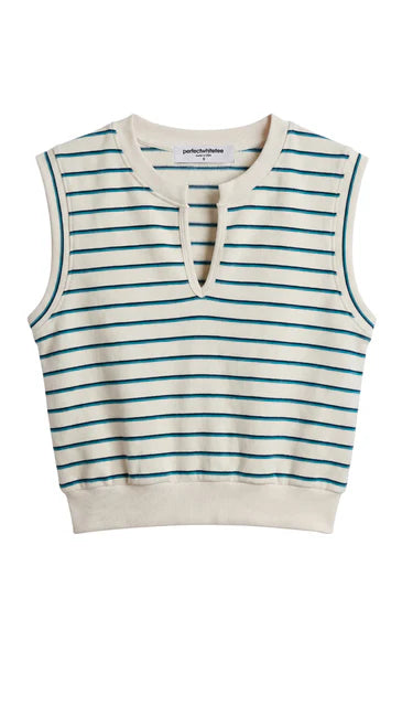 Striped sleeveless top with a V-neck on a white background