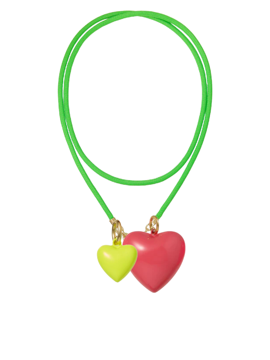 Neon green necklace with two heart-shaped pendants on a white background