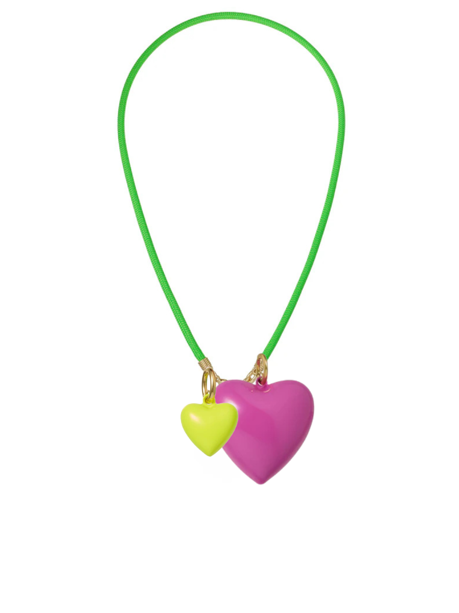 Neon green necklace with pink and yellow heart pendants on a white background