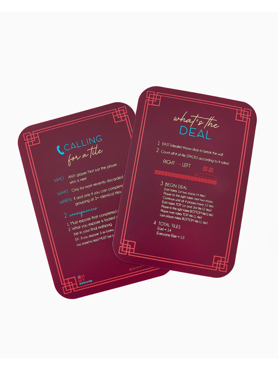 Two red playing cards with text on a white background