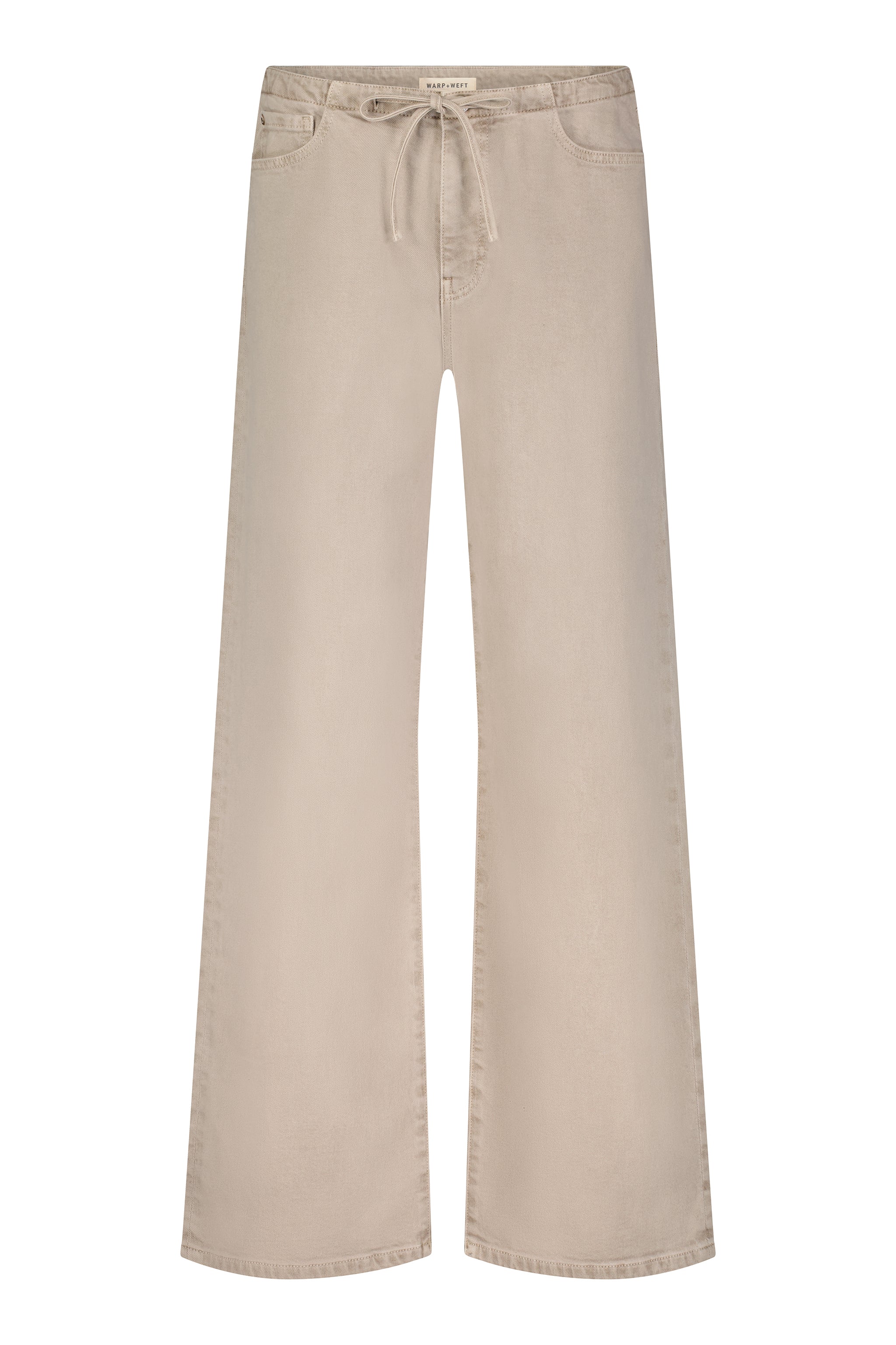 Beige wide-leg pants with a drawstring waist on a white background