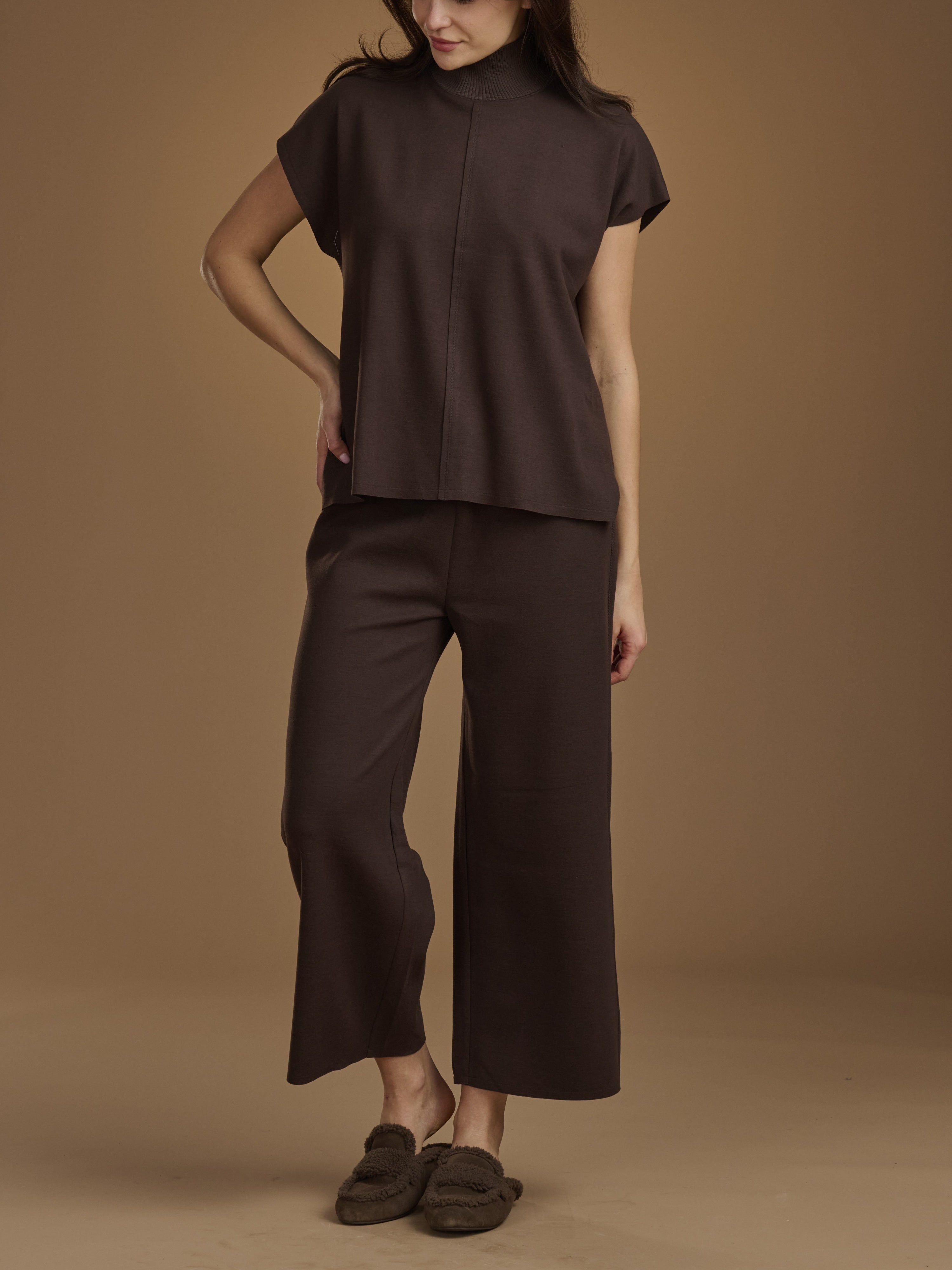 A model wearing a dark brown two-piece outfit consisting of a short-sleeve mock-neck top and matching wide-leg cropped pants, paired with dark brown loafers, against a solid warm brown studio background.