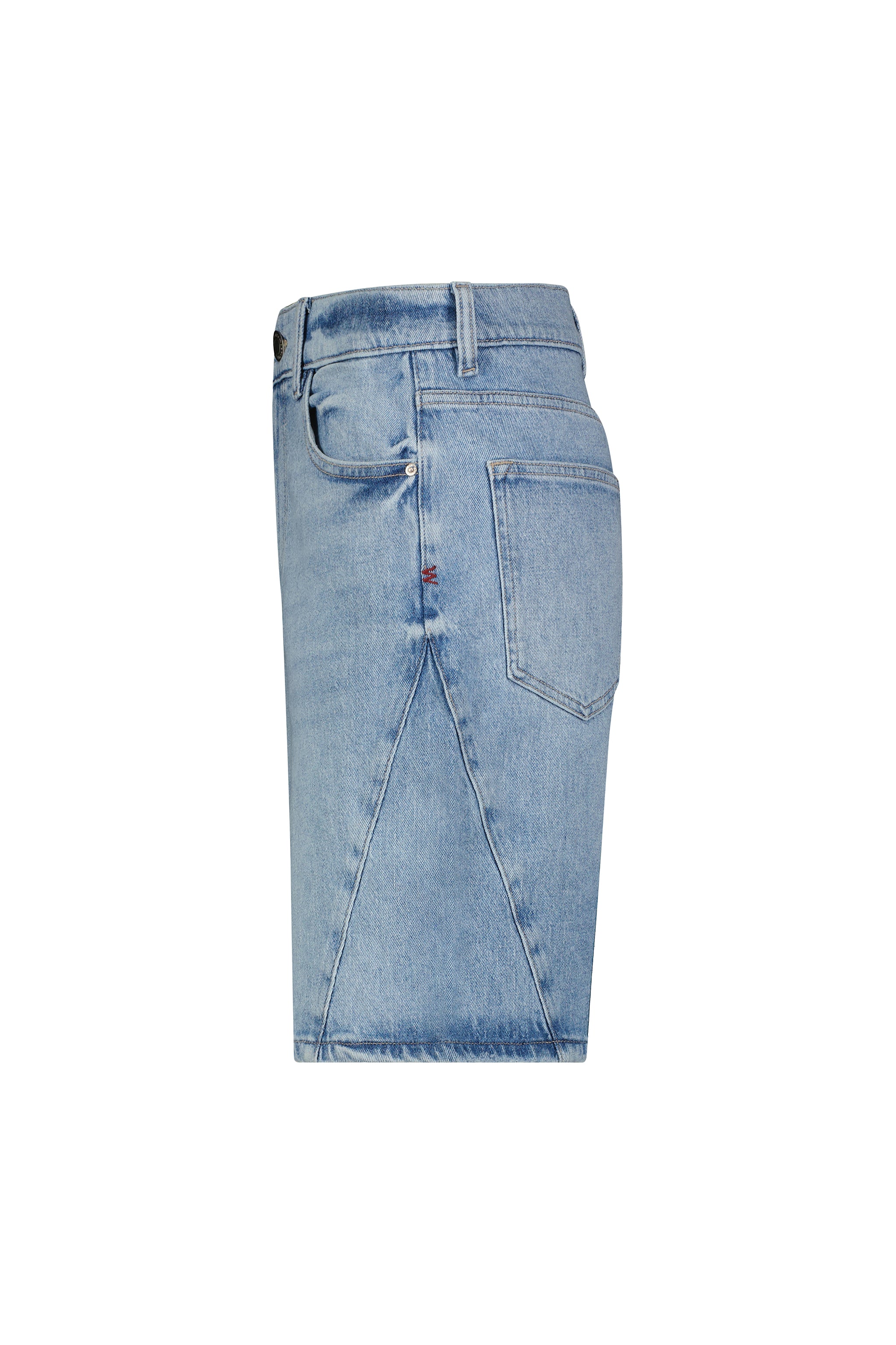Light blue denim shorts on a white background