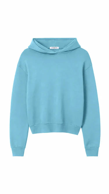 A light blue cropped hoodie sweatshirt with a drawstring-free hood and ribbed cuffs, shown flat against a plain white background.