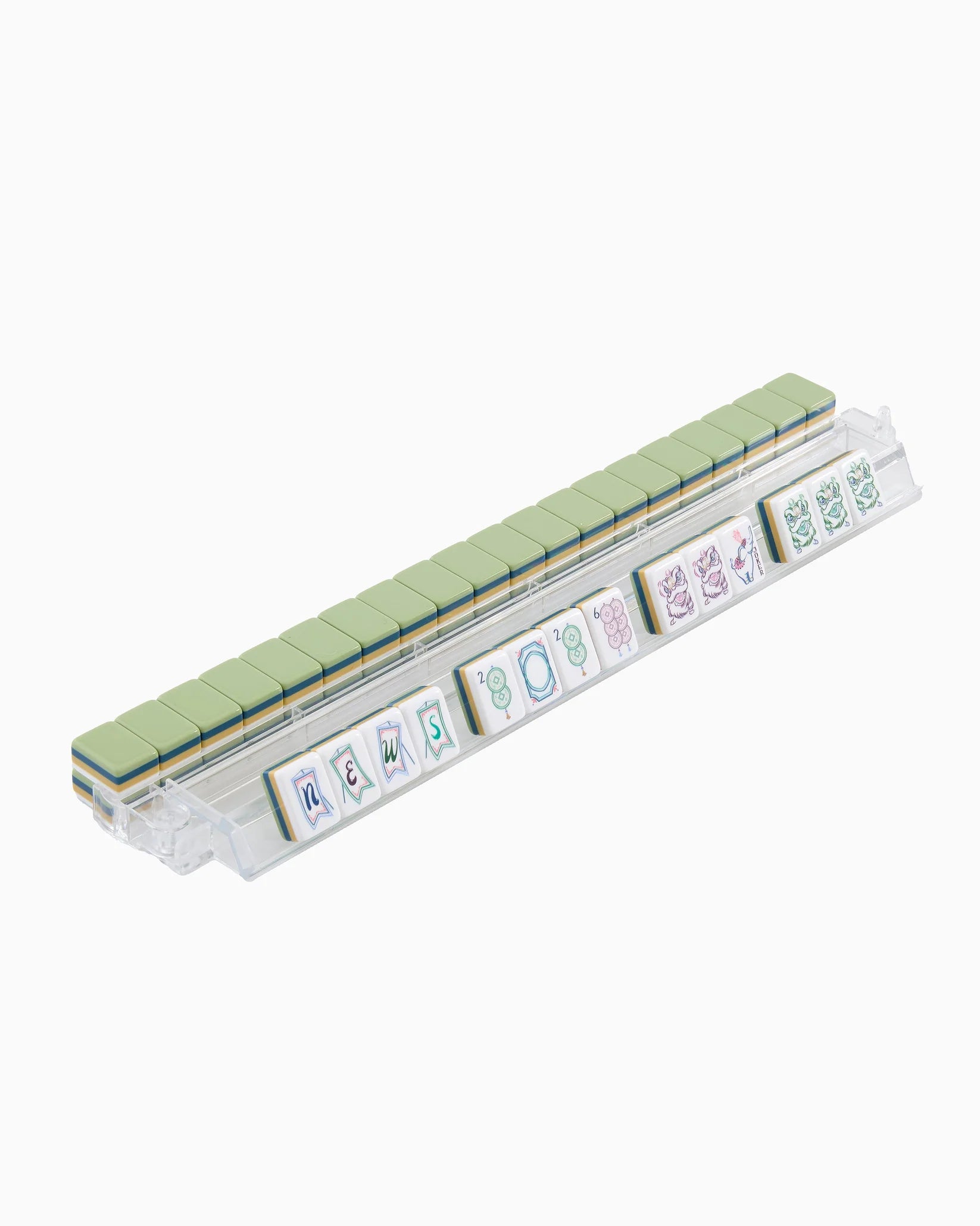 Set of colorful tiles with letter designs on an acrylic clear rack with a white background