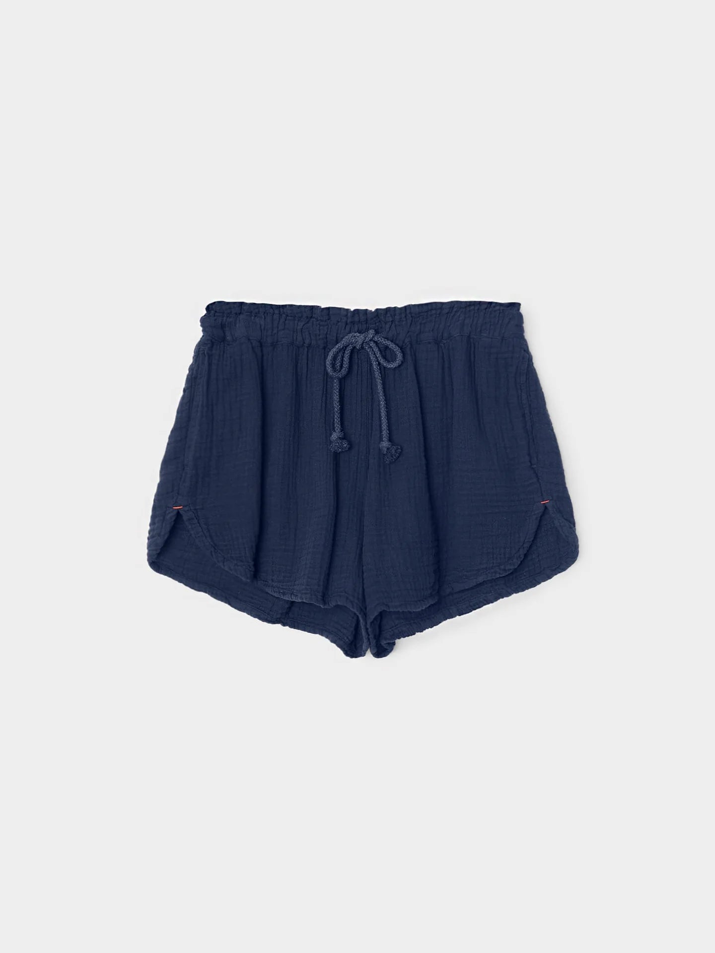 Navy blue shorts with a drawstring on a light gray background