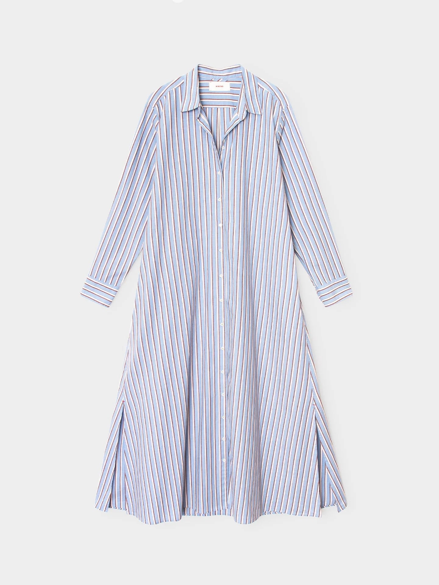 A long-sleeve button-front shirt dress with vertical blue and white stripes, shown flat against a light gray background.