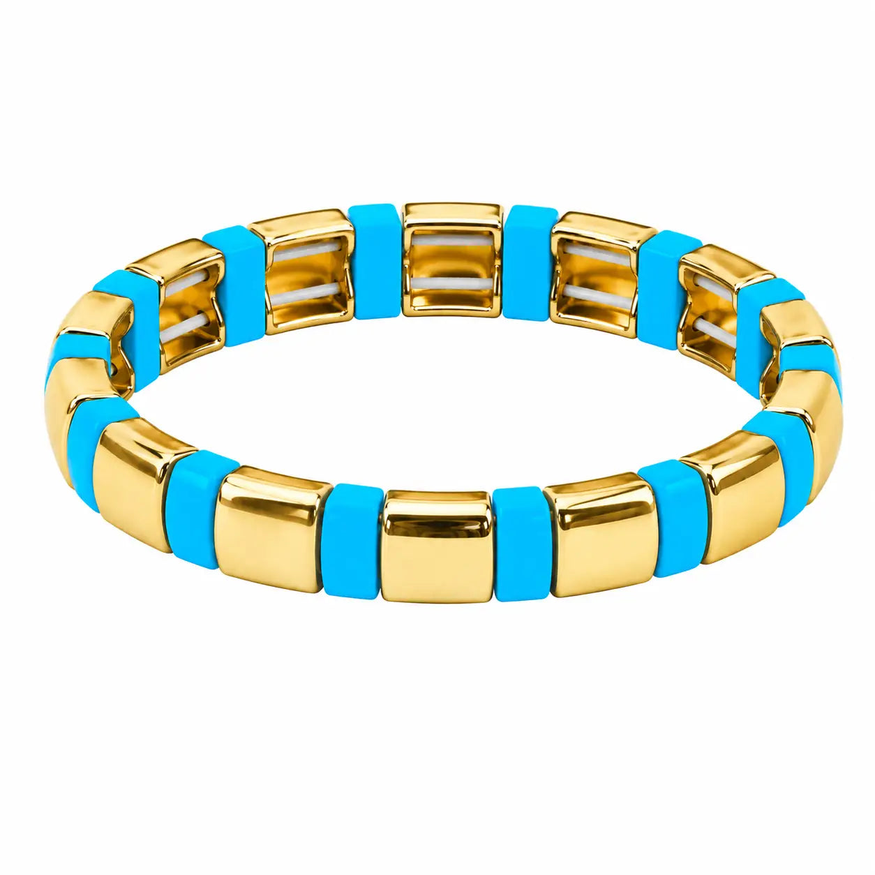 Gold bracelet with blue accents on a white background