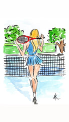 A watercolor and ink illustration of a tennis player seen from behind, holding a red tennis racket near her head on a tennis court, with trees in the background.