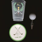 A golf-themed set featuring a frosted clear plastic cup with a graphic of a golf cart, laurel wreath, crossed golf clubs, a golf ball, and the words 'FORE PLAY'; a white wine bottle stopper shaped like a golf ball in a metal sleeve; and a round white coaster with green trim and crossed golf clubs reading 'PAR-TEE'.
