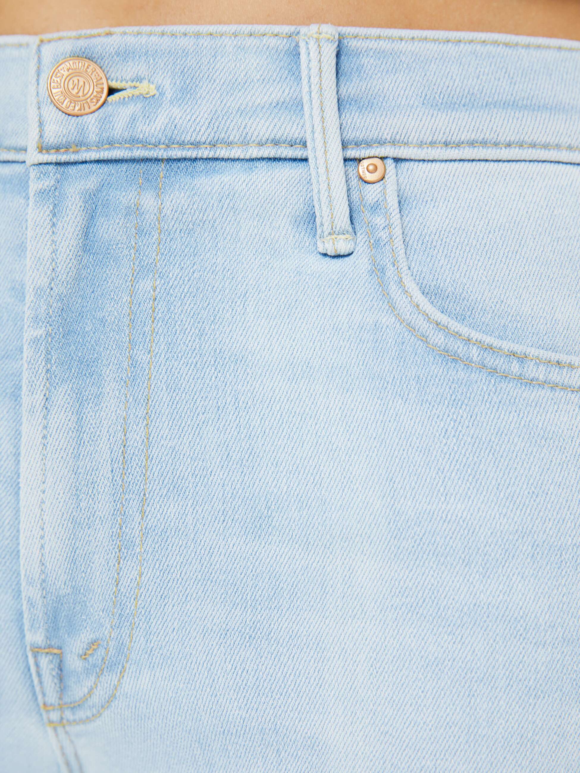 Close-up of light blue denim jeans with button and zipper details.