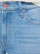 Close-up of blue denim jeans with stitching details