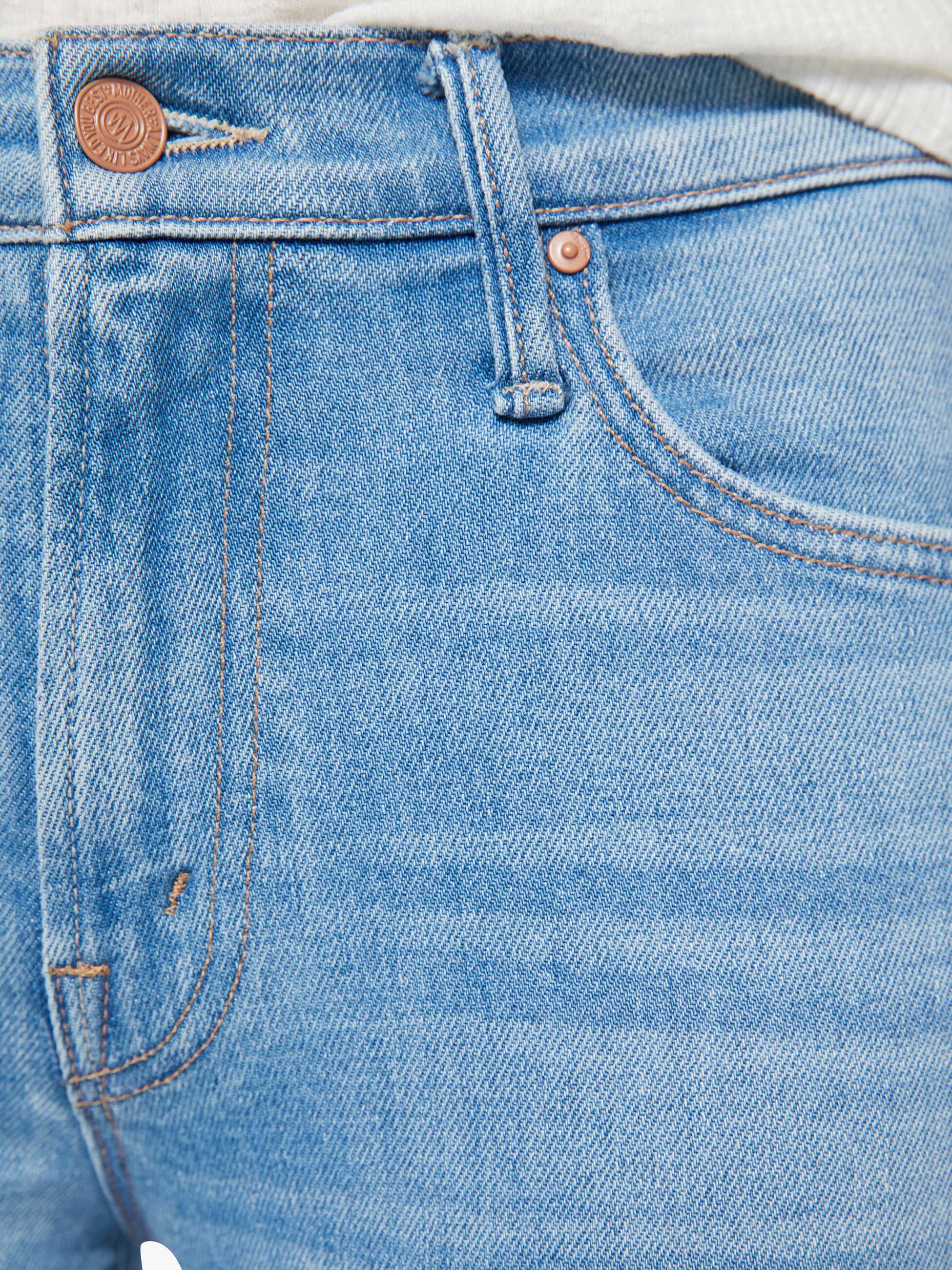 Close-up of blue denim jeans with stitching details