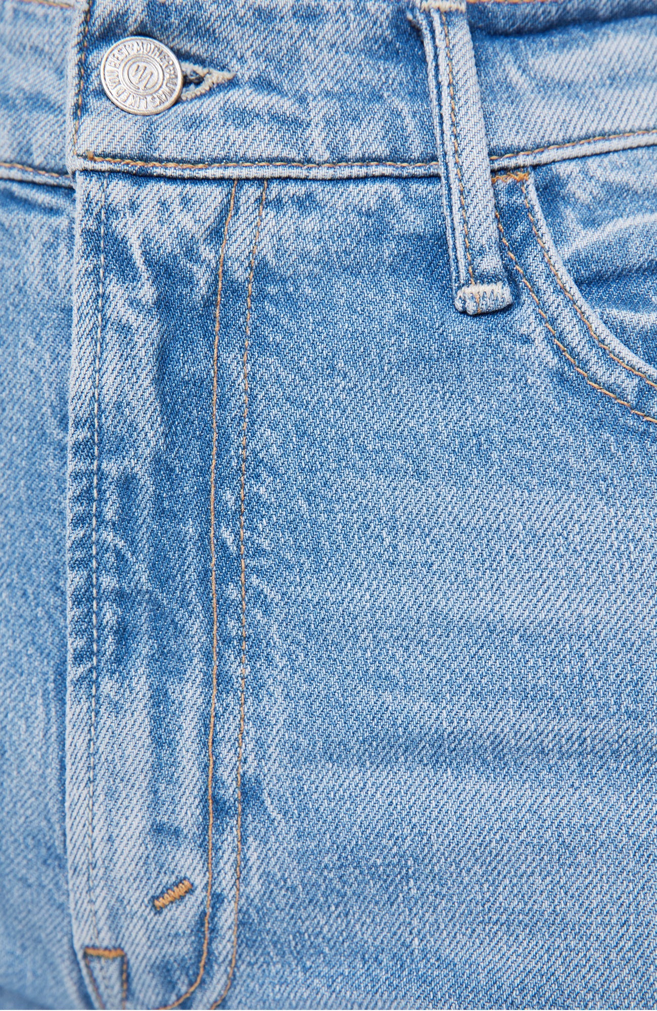 Close-up of blue denim fabric with stitching details