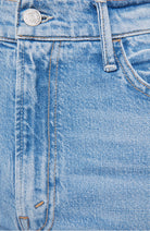 Close-up of blue denim fabric with stitching details
