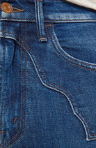Close-up detail of blue denim jeans showing the waistband, belt loops, front pocket, and contrast stitching.