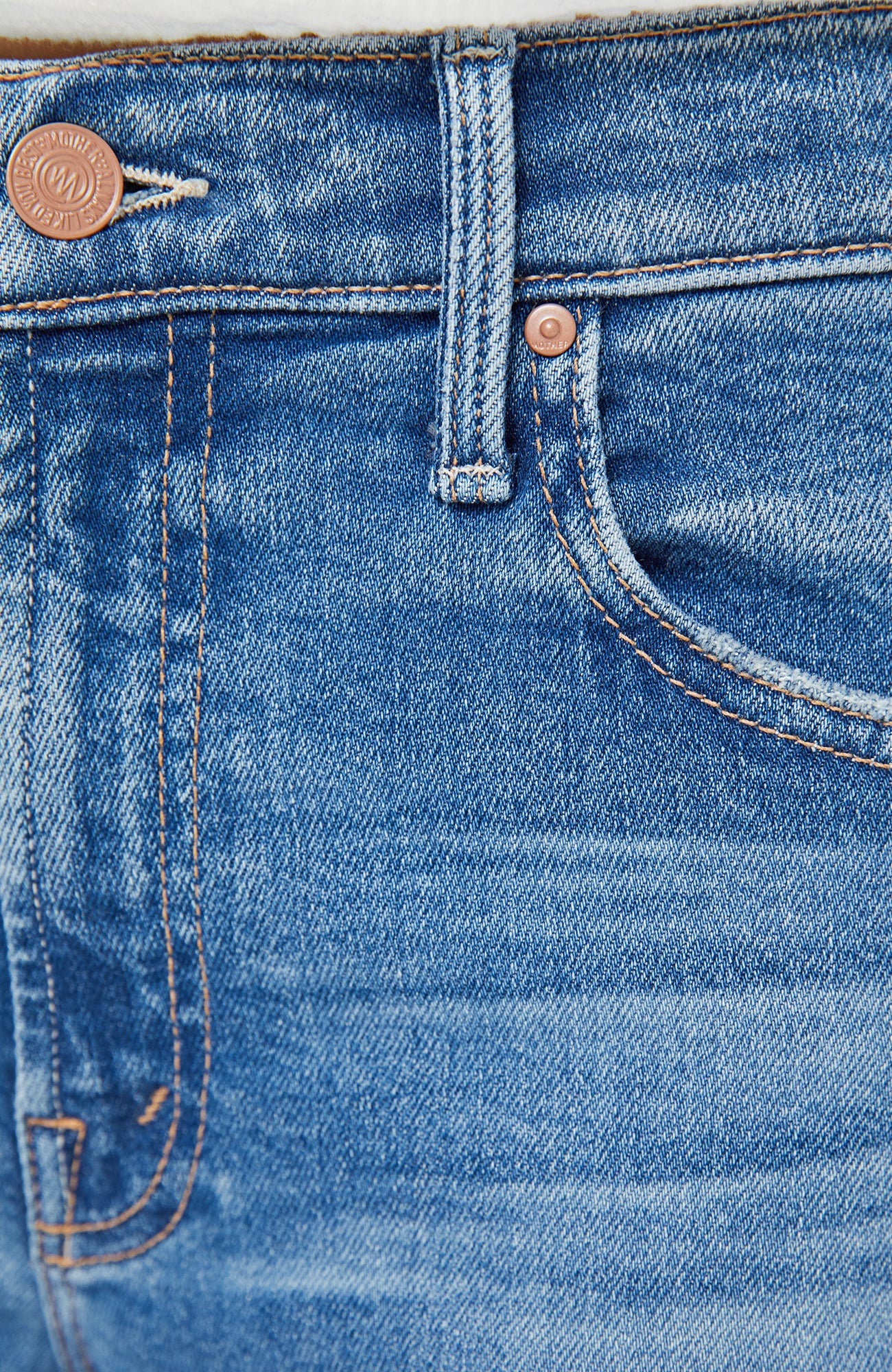 Close-up of blue denim jeans with stitching details